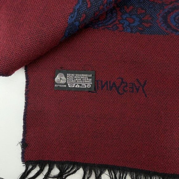 Vintage Yves Saint Laurent Scarf Paisley Burgundy Blue Fringe Wool YSL - Picture 2 of 6